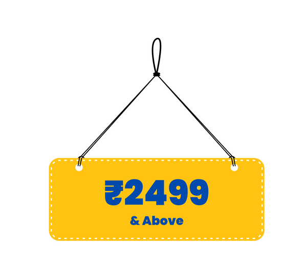 Yellow price tag with blue text displaying ₹2499 & Above on a white background