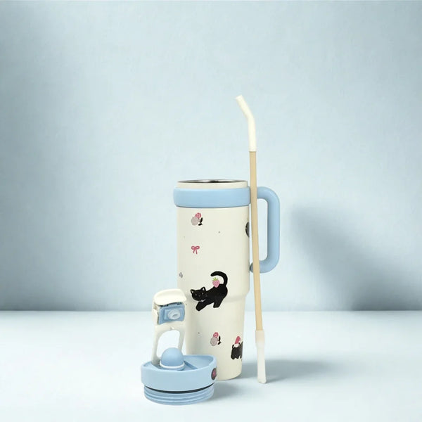 Kawaii Insulated Tumbler – Cute Handle Bottle with Straw | Hot & Cold Drink Cup - Hey Trend