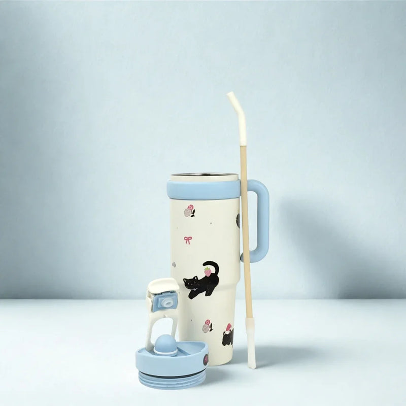 Kawaii Insulated Tumbler – Cute Handle Bottle with Straw | Hot & Cold Drink Cup - Hey Trend