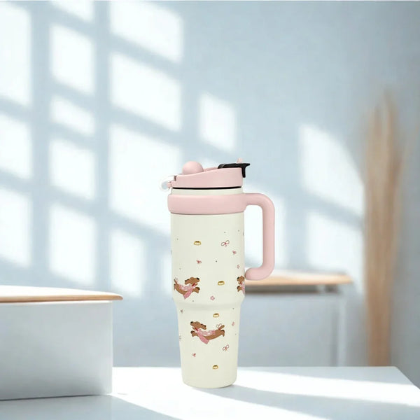 Kawaii Insulated Tumbler – Cute Handle Bottle with Straw | Hot & Cold Drink Cup - Hey Trend