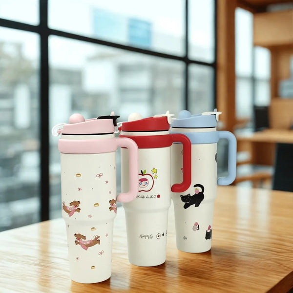 Kawaii Insulated Tumbler – Cute Handle Bottle with Straw | Hot & Cold Drink Cup - Hey Trend