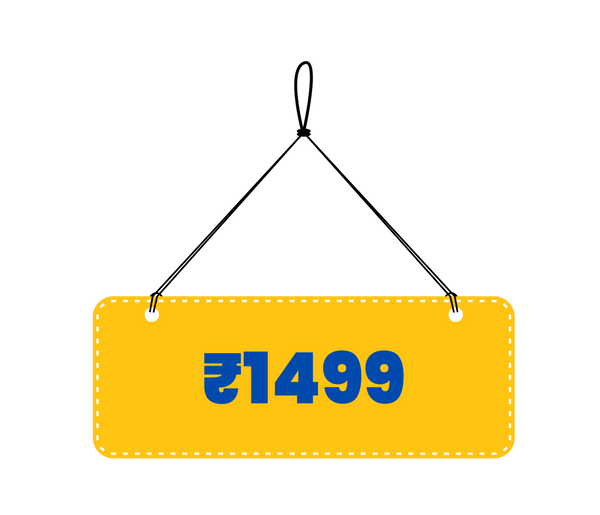 Yellow price tag with ₹1499 on a white background