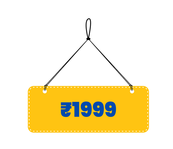 Yellow sign with blue text '1999' hanging on a white background