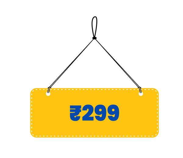 Yellow price tag with ₹299 on a white background