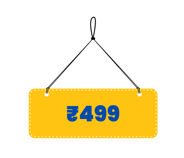 Yellow price tag with ₹499 on a white background