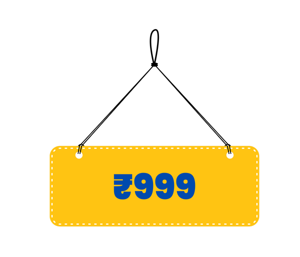 Yellow price tag with ₹999 on a white background